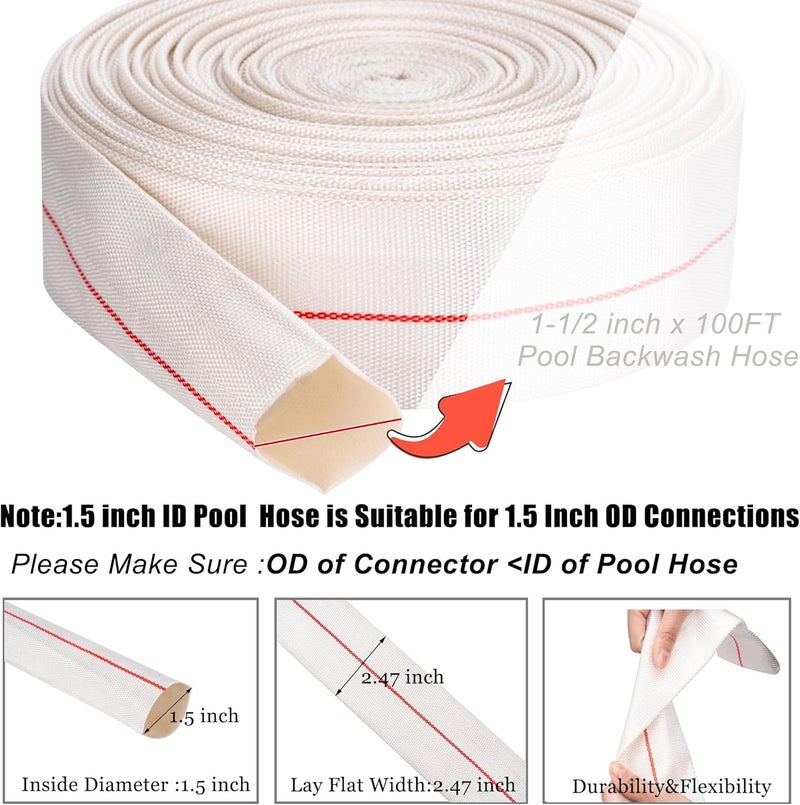 Geowaky Backwash Hose 1-1/2"ID x 100ft Swimming Pool Discharge Hose Heavy Duty PVC Water Hose With 2 Clamps General Purpose Lay-Flat Pump Drain Pipe for Water Transfer Applications, White - Image 2